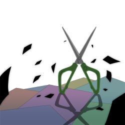 Rule 34 | commentary request, mario (series), nintendo, no humans, object focus, paper, paper mario, paper mario: the origami king, scissors, scissors (paper mario), shadow, shards, simple background, solo, white background, yurui houki