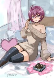 1girl ahoge bed breasts candy chocolate chocolate_heart curtains food gundam gundam_seed gundam_seed_destiny heart heart-shaped_food highres holding holding_food indoors looking_at_viewer lunamaria_hawke medium_breasts okrdisk2000 on_bed purple_eyes purple_hair sitting solo