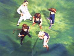 5boys absurdres aerial_view black_hair blonde_hair brown_hair chang_wufei duo_maxwell grass grass_field gundam gundam_wing heero_yuy highres looking_at_viewer looking_up multiple_boys official_art quatre_raberba_winner quintet scan trowa_barton