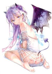 1girl bare_shoulders barefoot demon_horns demon_tail dress dsmile highres horns long_hair original purple_eyes purple_hair scar solo tail tears white_background white_dress