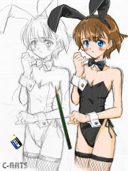 1girl animal_ears blue_eyes brown_hair eraser fake_animal_ears fishnet_thighhighs fishnets leotard maguta original pencil playboy_bunny rabbit_ears short_hair sketch thighhighs tombow_mono wooden_pencil