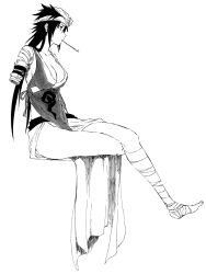 Rule 34 | 1girl, amputee, bandaged arm, bandaged leg, bandages, black hair, bleach, breasts, cleavage, closed mouth, collarbone, commentary request, from side, full body, headband, highres, japanese clothes, ken&#039;ichi (ken1ro u), large breasts, long hair, looking afar, monochrome, no shoes, profile, shiba kuukaku, simple background, sitting, sketch, smoking pipe, solo, spiked hair, v-shaped eyebrows, very long hair, white background, white headband