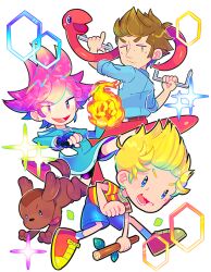 1girl 2boys belt blonde_hair blue_dress blue_eyes blue_shirt blue_shorts blush blush_stickers boney boots brown_belt brown_eyes brown_hair closed_mouth commentary_request copyright_name dated dog dress duster_(mother) facial_hair fireball grin hand_on_own_hip hand_up holding holding_stick hood hood_down hooded_dress index_finger_raised jewelry kumatora leaf long_sleeves looking_at_viewer lucas_(mother_3) mother_(series) mother_3 multiple_boys mustache necklace nintendo open_mouth otoe_(milkyboy_inc.) pants parted_bangs pink_boots pink_hair quiff red_background red_eyes red_footwear red_pants red_shirt rope_snake shirt shirt_tucked_in shoes short_hair short_sleeves shorts simple_background smile snake socks stick striped_clothes striped_shirt t-shirt teeth three-quarter_sleeves translation_request two-tone_shirt white_socks yellow_shirt