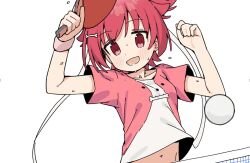 Rule 34 | 1girl, :d, arms up, ball, blush, bone hair ornament, breasts, cartoon bone, collarbone, commentary request, hair ornament, holding, looking at viewer, midriff peek, navel, open mouth, paddle, pink shirt, red eyes, red hair, seramikku, shakunetsu no takkyuu musume, shirt, short sleeves, simple background, small breasts, smile, solo, sweat, table tennis ball, table tennis paddle, tsumujikaze koyori, two side up, white background