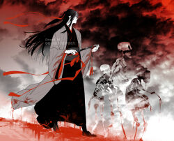 1boy ahoge black_boots black_hair black_hanfu black_robe blood blood_on_clothes blood_on_ground boots chinese_clothes cloud cloudy_sky coat dizi floating_clothes floating_hair flute full_body grey_coat hair_ribbon half_updo hand_fan hanfu highres holding holding_flute holding_instrument instrument long_hair long_sleeves looking_to_the_side male_focus modao_zushi monochrome official_alternate_costume official_alternate_hairstyle ponytail pool_of_blood profile red_eyes red_ribbon red_sash red_sky red_theme ribbon robe sash sidelocks skeleton skull sky smoke solo_focus spot_color standing tassel transverse_flute twitter_username wading walking watermark wei_wuxian wei_wuxian_(yiling_laozu) wide_sleeves ykmr_(haga)