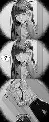 1boy 1girl ? absurdres blue_archive doodle_sensei_(blue_archive) greyscale hair_ornament hairclip halo hetero highres hxd long_hair lying monochrome on_back rio_(blue_archive) rio_(bodysuit)_(blue_archive) sensei_(blue_archive) sleeping spoken_question_mark zzz