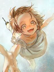 1girl :d braid brown_eyes brown_hair choker dress figure_skating forehead foreshortening highres ice_skates medalist_(manga) moumo_(momomosan1109) open_mouth outstretched_arms pantyhose short_hair skates smile solo standing standing_on_one_leg white_choker white_dress yuitsuka_inori