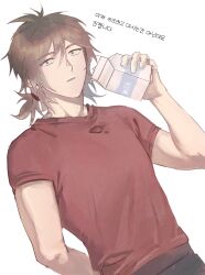 1boy black_pants brown_hair commentary_request cowboy_shot dutch_angle green_eyes hair_between_eyes highres holding holding_milk_carton isoi_reiji korean_commentary korean_text male_focus medium_hair milk_carton milk_mustache pants parted_lips red_shirt saibou_shinkyoku sanpaku shirt short_hair simple_background t-shirt temu_(temp_mumu) white_background