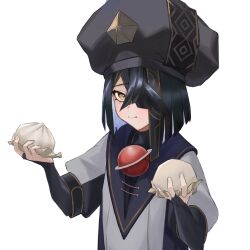 1girl absurdres steamed_bun black_hair chinese_clothes closed_mouth fate/grand_order fate_(series) food grey_headwear hair_over_one_eye highres holding holding_food juliet_sleeves light_blush long_sleeves looking_at_viewer mole mole_under_eye puffy_sleeves short_hair simple_background solo upper_body white_background xu_fu_(fate) yamada_raen