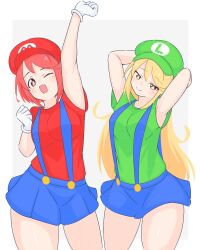 2girls adapted_costume arm_behind_head arm_up blonde_hair blue_skirt breasts cosplay cowboy_shot gloves green_shirt highres large_breasts long_hair luigi luigi_(cosplay) mario mario_(cosplay) mario_(series) multiple_girls mythra_(xenoblade) nintendo pyra_(xenoblade) red_eyes red_hair red_shirt shirt short_hair simple_background skirt suspenders uncool_mochi white_background white_gloves xenoblade_chronicles_(series) xenoblade_chronicles_2 yellow_eyes