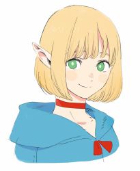 1girl alternate_hair_length alternate_hairstyle blonde_hair bob_cut choker closed_mouth dungeon_meshi elf frs2 green_eyes highres looking_at_viewer marcille_donato pointy_ears portrait short_hair simple_background smile solo white_background