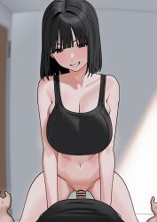 1boy 1girl absurdres assertive_female bar_censor black_camisole black_eyes black_hair black_shirt blush breasts camisole censored cleavage clothed_sex collarbone commentary_request cowgirl_position door fffukuzawa girl_on_top grin hetero highres indoors large_breasts medium_hair navel original penis pussy sex shirt smile solo_focus sotmach straddling thighs vaginal