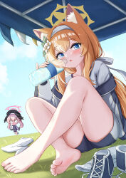 &lt;|&gt;_&lt;|&gt; 2girls animal_ear_fluff animal_ears barefoot black_hat black_shoes blue_archive blue_eyes blue_jacket blue_shorts blush bottle cat_ears cat_girl flower grey_shirt hair_flower hair_ornament hairband hat head_wings highres holding holding_bottle jacket koharu_(blue_archive) long_hair mari_(blue_archive) mari_(track)_(blue_archive) multiple_girls navi-loxia official_alternate_costume orange_hair pink_hair shirt shoes shorts soles twintails water_bottle white_flower white_hairband wings