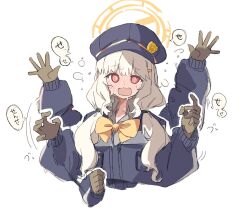 Rule 34 | 1girl, @ @, afterimage, aoba (blue archive), blonde hair, blue archive, blue hat, blue jacket, blush, bow, bowtie, brown gloves, cabbie hat, clenched hand, collared shirt, commentary request, cropped torso, flailing, flustered, full-face blush, furrowed brow, gloves, grey shirt, hair over shoulder, halo, hands up, hat, jacket, long hair, long sleeves, looking at viewer, low twintails, open hands, open mouth, puffy long sleeves, puffy sleeves, red eyes, shirt, simple background, solo, translation request, twintails, upper body, white background, yellow bow, yellow bowtie, youbi (0ver sd)