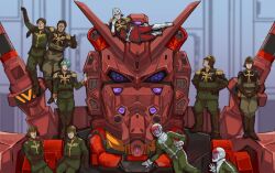 6+boys belt black_eyes black_hair blonde_hair boots challia_bull char_aznable character_request commentary_request denim_(gundam) dren_(gundam) epaulettes eye_mask facial_hair full_body gloves green_eyes green_hair gundam gundam_gquuuuuux hamadajjrw helmet highres holding jacket long_sleeves looking_at_viewer lying male_focus mask mecha mecha_pilot_suit military military_jacket military_uniform mobile_suit mulligan_(gundam) multiple_boys mustache normal_suit_(gundam) open_mouth pants purple_eyes red_gundam red_jacket red_pants robot science_fiction shirt short_hair slender_(gundam) smile standing v-fin white_gloves zeon