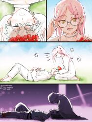Rule 34 | 1boy, 1girl, alien stage, blood, blood on clothes, blush, dress, flower, glasses, green eyes, green shirt, grey hair, head wreath, highres, hood, lap pillow, long hair, microphone, mizi (alien stage), pants, pink hair, ponytail, shirt, short hair, suno (snocotan), till (alien stage), white dress, white pants, white shirt, yellow eyes