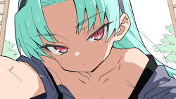1girl aqua_hair blush collarbone expressionless flat_chest highres japanese_clothes kimono long_hair looking_at_viewer matuo3232 off_shoulder pink_eyes rance_(series) reaching reaching_towards_viewer sengoku_rance shinobu_(rance) solo tsurime upper_body