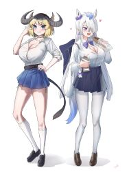 1girl 2girls absurdres alternate_costume animal_ears bag belt black_belt black_fur black_hair blonde_hair blue_eyes blue_hair blue_jacket blue_skirt blush bow bowtie breasts brown_shoes bursting_breasts cleavage collared_shirt commentary cow_ears cow_girl cow_horns cow_tail crumbs ear_scrunchie eating elbow_gloves extra_ears full_body fur_trim gloves gold_choker grin gyaru gyokuryu_(kemono_friends) gyumaou_(kemono_friends) hair_between_eyes hair_bow hair_ornament hair_over_one_eye hairpin heart highres horns horse_ears horse_girl horse_tail huge_breasts jacket kemono_friends kemono_friends_3 kneehighs kogal loafers long_hair long_sleeves looking_at_viewer milk_carton mogurii multicolored_hair multiple_girls open_mouth pantyhose plaid_clothes plaid_skirt pleated_skirt purple_bow purple_bowtie school_bag school_uniform shirt shoes short_hair short_sleeves sidelocks skirt slit_pupils smile snack socks solo tail thighs white_gloves white_hair white_pantyhose white_shirt white_skirt