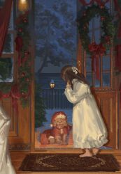 1girl 1other animal barefoot black_hair bow child christmas christmas_ornaments christmas_wreath clothed_animal dog doormat dress gugugu703 hair_bow hat open_door original red_bow red_ribbon ribbon santa_costume snow standing white_bow white_dress winter wooden_floor wreath