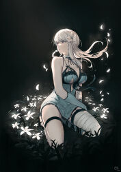 1girl bandaged_leg bandaged_neck bandages blue_negligee braid breasts flower flower_bed hair_flower hair_ornament kaine_(nier) kneeling large_breasts lingerie long_hair lunar_tear nagu negligee nier nier_(series) revision simple_background skindentation solo underwear white_hair