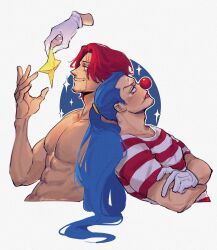 Rule 34 | 2boys, abs, back-to-back, bara, beard, blue hair, buggy the clown, closed mouth, connected beard, crossed arms, facial hair, gloves, highres, holding, holding star, long hair, male focus, multiple boys, nipples, one piece, pectorals, ponytail, scar, scar across eye, scar on face, shanks (one piece), shirt, short sleeves, simple background, star (symbol), striped clothes, striped shirt, topless male, vamos mk, white background, white gloves