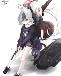 Rule 34 | 2girls, absurdres, back-to-back, bag, black choker, black hair, black hoodie, blue archive, chinese commentary, choker, closed mouth, collarbone, commentary request, demon girl, demon horns, demon wings, dutch angle, fighting stance, floating hair, frilled skirt, frills, full body, grey hair, grey halo, grin, gun, h&amp;k hk45, h&amp;k mg5, halo, high-waist skirt, highres, holding, holding bag, holding gun, holding weapon, hood, hood down, hoodie, horns, kayoko (blue archive), long hair, looking at viewer, looking back, low wings, miniskirt, multicolored hair, multiple girls, mutsuki (blue archive), neck ribbon, plaid clothes, plaid skirt, pleated skirt, ponytail, purple eyes, red eyes, red halo, red ribbon, red skirt, ribbon, school uniform, short sleeves, side ponytail, sidelocks, signature, simple background, skirt, sleeves past wrists, slit pupils, smile, standing, two-tone hair, user rvvx7444, v arms, very long hair, weapon, white background, white hair, wings