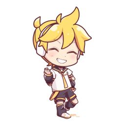 1boy ^_^ ahoge black_arm_warmers black_leg_warmers black_sailor_collar black_shorts blonde_hair chibi chibi_only clenched_hand closed_eyes full_body grin hand_on_own_hip happy headphones highres kagamine_len leg_warmers m0ti male_focus necktie sailor_collar shirt short_hair shorts simple_background smile solo teeth twitter_username vocaloid white_background white_shirt yellow_necktie