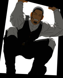 1boy arms_up black_hair black_pants black_vest buzz_cut closed_eyes facial_hair galeblack goatee golden_kamuy grin highres long_sleeves male_focus pants shiraishi_yoshitake shirt shoes short_hair sideburns sleeve_cuffs smile solo squatting teeth very_short_hair vest white_shirt