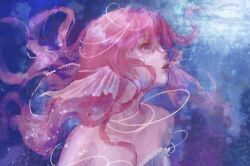 Rule 34 | 1girl, absurdres, air bubble, bare shoulders, bead choker, bead necklace, beads, blue bra, blue scales, bra, bubble, circlet, collarbone, dappled sunlight, expressionless, fins, floating hair, frilled bra, frills, hair beads, hair ornament, head fins, highres, jewelry, light particles, lipstick, long hair, makeup, mermaid, monster girl, necklace, nikki (nikki), nikki (series), parted lips, pink hair, red lips, sea0, shining nikki, solo, sound of tide&#039;s reverie (shining nikki), strapless, strapless bra, striped bra, striped clothes, sunlight, underwater, underwear, upper body, vertical-striped bra, vertical-striped clothes, very long hair, wavy hair