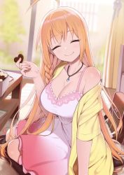 1girl :o ahoge animated blue_eyes blush braid breasts candy chocolate chocolate_heart cleavage collarbone dress food happy heart jewelry large_breasts lk_(lk00) long_hair looking_at_viewer looping_animation lunch_(shin_new) necklace orange_hair parted_lips pecorine_(princess_connect!) princess_connect! shiny_skin sidelocks sitting smile solo sundress table tagme very_long_hair video yokozuwari