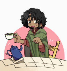 Rule 34 | 1boy, absurdres, arepa, brown hair, brown lips, bruno madrigal, colombian clothes, curly hair, dark-skinned female, dark-skinned male, dark skin, encanto, facial hair, goatee, highres, looking at viewer, mustache stubble, open mouth, poncho, short hair, simple background, stubble, sweetp247