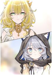 2girls absurdres aglaea_(honkai:_star_rail) animal_ears animal_hood blonde_hair blue_eyes breast_tattoo breasts cat_ears cat_girl cat_hood cipher_(honkai:_star_rail) cleavage commentary cropped_torso dress error1980 gold_tattoo green_eyes grey_hair highres honkai:_star_rail honkai_(series) hood large_breasts laurel_crown looking_at_another multiple_girls rags short_hair simple_background tattoo white_background white_dress