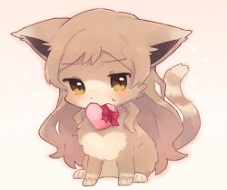 animal animal_focus animalization blush box brown_eyes brown_fur brown_hair cat full_body gift gift_box heart-shaped_box idolmaster idolmaster_million_live! kitazawa_shiho long_hair nako_(user_wnnm5534) no_humans sitting small_sweatdrop solo