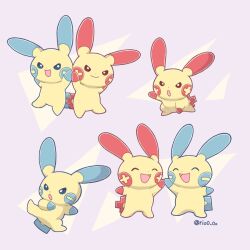blue_eyes bright_pupils closed_eyes closed_mouth full_body gen_3_pokemon highres minun nintendo no_humans open_mouth plusle pokemon pokemon_(creature) red_eyes rio_(rio0v0o) smile standing twitter_username white_pupils