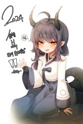 1girl ahoge black_gloves black_hair blush breasts bright_pupils dragon_girl dragon_horns dragon_tail fingerless_gloves gloves hanbok happy_new_year highres horns hwaryeok korean_clothes long_hair looking_at_viewer new_year open_mouth orange_eyes original pointy_ears seiza sitting small_breasts tail teeth white_background white_hanbok white_pupils