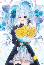 Rule 34 | :d, artist request, balloon, black dress, blue eyes, blue hair, blush, bouquet, copyright name, dress, falling petals, flower, gloves, hair between eyes, hair flower, hair ornament, heart balloon, highres, holding, holding bouquet, lace, lace gloves, light blue hair, long hair, nijisanji, official art, one eye closed, open mouth, petals, rose, smile, streamers, teeth, tongue, upper body, upper teeth only, virtual youtuber, yellow petals, yukishiro mahiro, yukishiro mahiro (3rd costume)