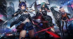 3girls :d animal_ears arknights arm_ribbon armor ball_and_chain_(weapon) bare_shoulders belt beret black_dress black_gloves black_headwear black_jacket black_legwear black_pants black_ribbon black_shirt blonde_hair blue_hair boots breastplate breasts car ch&#039;en_(arknights) chain city clothes_around_waist cloud cloudy_sky commentary_request crown_victoria dragon_horns dragon_tail dress drill_hair drill_sidelocks drone dual_wielding dutch_angle fang fingerless_gloves ford ford_crown_victoria ford_crown_victoria_(2nd_generation) gloves green_hair hair_over_one_eye hat holding holding_chain holding_sword holding_weapon horns hoshiguma_(arknights) jacket katana knee_pads long_hair looking_at_viewer medium_breasts motor_vehicle motorcycle multiple_girls navel necktie open_clothes open_jacket open_mouth outdoors pants planted police_car red_eyes reverse_grip revision ribbon shield shirt short_dress shorts side_slit sidelocks single_horn skin-covered_horns sky sleeveless sleeveless_shirt smile standing swav swire_(arknights) sword tail thighhighs thighs tiger_ears twin_drills weapon white_shirt yellow_eyes yellow_neckwear zettai_ryouiki