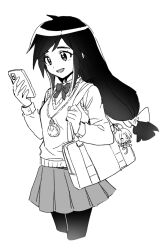 1girl bag black_hair black_pantyhose bow bowtie breasts character_charm charm_(object) collared_shirt cropped_legs crystal dede_(qwea_00000) final_fantasy final_fantasy_ix garnet_til_alexandros_xvii grey_skirt greyscale hair_bow holding holding_phone jewelry long_hair long_sleeves looking_at_phone low-tied_long_hair medium_breasts monochrome open_mouth pantyhose pendant phone pleated_skirt school_uniform shirt shoulder_bag skirt smile solo sweater_vest white_background zidane_tribal