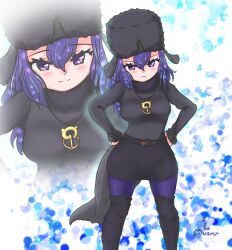 Rule 34 | 1girl, absurdres, anchor necklace, belt, black belt, black boots, black hat, black skirt, black sweater, blue eyes, blue hair, blue pantyhose, blush, boots, cetacean tail, fins, fish tail, frown, fur hat, hair between eyes, hands on own hips, hat, head fins, highres, japari symbol, jewelry, kemono friends, long sleeves, looking at viewer, multiple views, necklace, nokemono-san (bocchi friend), pantyhose, pencil skirt, sidelocks, skirt, smile, sperm whale (kemono friends), sweater, tail, thigh boots, turtleneck, turtleneck sweater, ushanka, whale girl