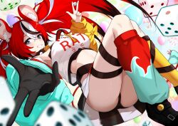1girl absurdres animal_ear_fluff animal_ears arm_warmers armpit_peek ass asymmetrical_legwear bandeau black_footwear black_gloves black_hair black_panties blue_eyes bow breasts clothes_writing collar commentary dice dice_hair_ornament gloves grin hair_between_eyes hair_ornament hakos_baelz hakos_baelz_(1st_costume) highres holding holding_dice hololive hololive_english key leg_warmers looking_at_viewer lying medium_breasts midriff miniskirt mouse_ears mouse_girl mouse_tail multicolored_hair on_back panties perspective red_hair single_glove skirt smile socks solo streaked_hair tail tail_bow tail_ornament thigh_strap tokyo_(1421) underwear upskirt virtual_youtuber white_bandeau white_hair yellow_socks