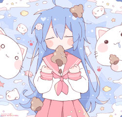 1girl ahoge blush_stickers cat chocolate_cornet clenched_hands closed_eyes cowboy_shot eating facing_viewer fang food food-themed_hair_ornament food_on_head hair_ornament highres hinase01 holding holding_food izumi_konata lucky_star mouth_hold narutomaki_hair_ornament neckerchief object_on_head open_mouth pink_neckerchief pink_sailor_collar pink_skirt ryouou_school_uniform sailor_collar school_uniform shirt skin_fang skirt solo star_(symbol) twitter_username watermark white_cat white_shirt
