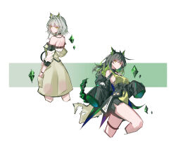 2girls animal_ears arknights bare_shoulders black_hair black_jacket cat_ears colored_inner_hair commentary cropped_legs dress green_dress green_hair grey_hair highres jacket kal&#039;tsit_(arknights) long_sleeves looking_at_viewer mon3tr_(arknights) multicolored_hair multiple_girls off-shoulder_dress off_shoulder short_hair sparks_summer standing thigh_strap white_background yellow_eyes