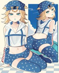 1girl absurdres aqua_eyes aqua_lips ass blue_boots blue_hat blue_shorts blue_sky blue_thighhighs bobamiruku boots breasts collarbone cropped_hoodie from_behind full_body genderswap genderswap_(mtf) hair_through_headwear hat highres hood hood_down hoodie johnny_joestar jojo_no_kimyou_na_bouken leaning_forward looking_at_viewer looking_back medium_breasts medium_hair midriff navel parted_bangs parted_lips short_shorts short_sleeves shorts sitting skindentation sky steel_ball_run thighhighs tile_floor tiles white_hoodie yokozuwari