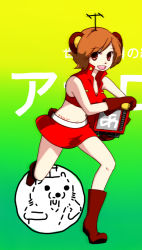 Rule 34 | 1girl, analoguma, animal ears, anko (pixiv249614), anko anko, boots, brown eyes, brown hair, cosplay, female focus, japan commercial broadcasters association, kuma (2ch), meiko (vocaloid), short hair, skirt, smile, solo, tail, television, vocaloid