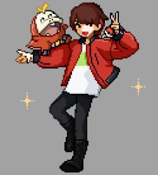 Rule 34 | 1boy, black boots, black pants, boots, brown hair, colored tips, commentary request, fuecoco, full body, grey background, hands up, highres, holding, holding poke ball, jacket, jiz (pffbq), kiyo (youtuber), long sleeves, looking at viewer, male focus, multicolored hair, nintendo, open mouth, pants, pixel art, poke ball, pokemon, pokemon (creature), real life, red hair, red jacket, shirt, simple background, solo, sparkle, standing, standing on one leg, v, white shirt