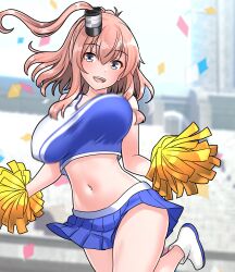 Rule 34 | 1girl, absurdres, black eyes, blue skirt, bouncing breasts, breasts, cheerleader, confetti, cropped shirt, furaggu (frag 0416), highres, kantai collection, large breasts, long hair, navel, one side up, outdoors, pink hair, saratoga (kancolle), shoes, skirt, solo, standing, standing on one leg, stomach, thighs, two-tone shirt, variant set, white shoes