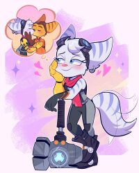 1boy 1girl absurdres animal_ears animal_nose black_boots blue_eyes blue_fur blush body_fur boots breasts brown_fur brown_gloves closed_eyes closed_mouth earrings furry furry_female furry_male gloves goggles goggles_on_head hammer hand_on_own_cheek hand_on_own_face happy heart hetero highres hoop_earrings jewelry kiss lombax lou_lubally mechanical_arms multicolored_fur orange_fur ratchet_&amp;_clank:_rift_apart ratchet_(ratchet_&amp;_clank) red_scarf rivet_(ratchet_&amp;_clank) scarf single_mechanical_arm smile speech_bubble striped_fur tail tail_wagging thought_bubble