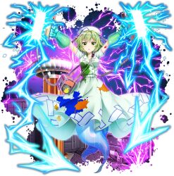 1girl alternate_costume alternate_headwear bag breasts collarbone dress electricity full_body game_cg generator ghost_tail gloves green_dress green_eyes green_gloves green_hair hat highres looking_at_viewer nurse nurse_cap official_art ofuda ofuda_on_clothes open_mouth paint_stains rotte_(1109) rubber_gloves short_hair short_sleeves shoulder_bag soga_no_tojiko soga_no_tojiko_(electric_nurse) solo stained_clothes third-party_source touhou touhou_lostword transparent_background triangle_mouth v-shaped_eyebrows