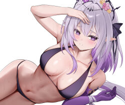 1girl blush breasts castorice_(honkai:_star_rail) collarbone elbow_gloves gloves honkai:_star_rail honkai_(series) large_breasts long_hair looking_at_viewer lunacle lying navel on_side parted_lips pointy_ears purple_eyes purple_gloves purple_hair simple_background single_glove solo stomach sweat white_background