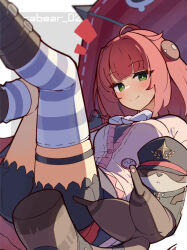 1girl ahoge asymmetrical_legwear bloomers blush breasts green_eyes hat highres horizontal-striped_thighhighs looking_at_viewer medium_breasts peaked_cap raccoon red_hair single_thighhigh skindentation smile tetenka thigh_strap thighhighs ukinami_yuzuha umbrella underwear zenless_zone_zero
